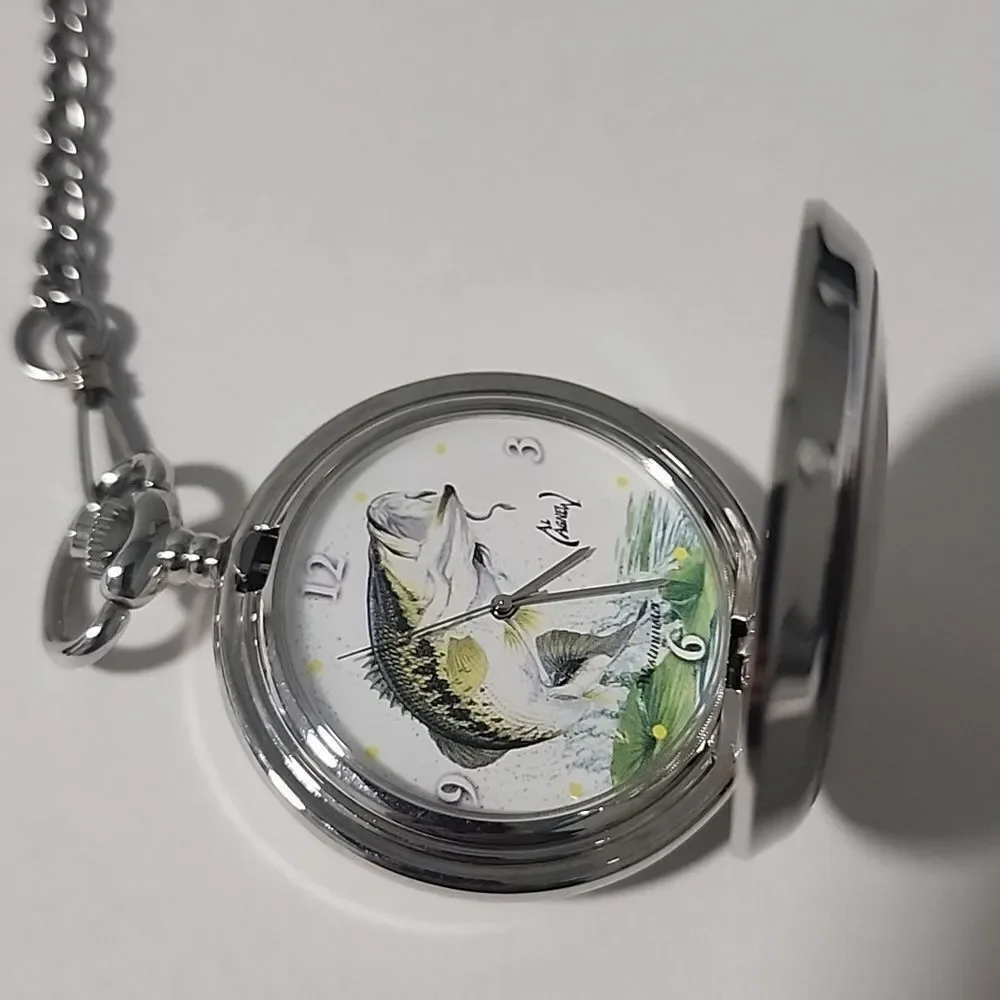 Al Agnew Bass Quartz Men's Pocket Watch WITH Chain Silver Tone